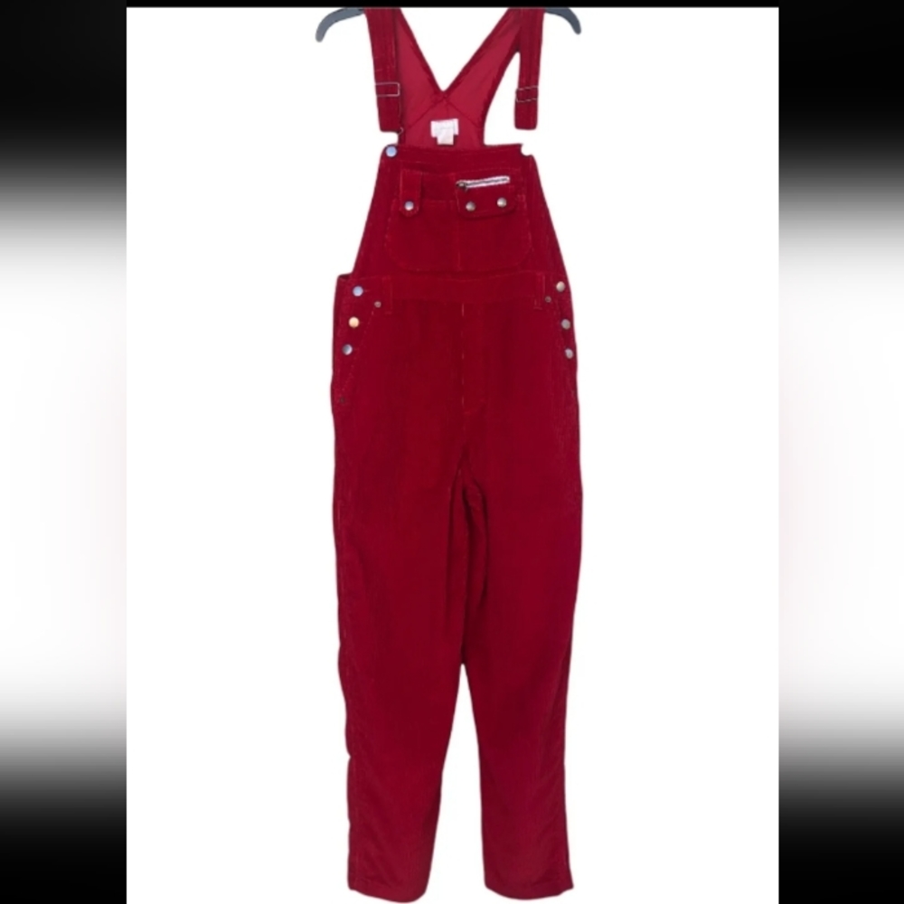 Moda International Red Corduroy Bib Overalls Womens Large Vintage USA Inseam 32